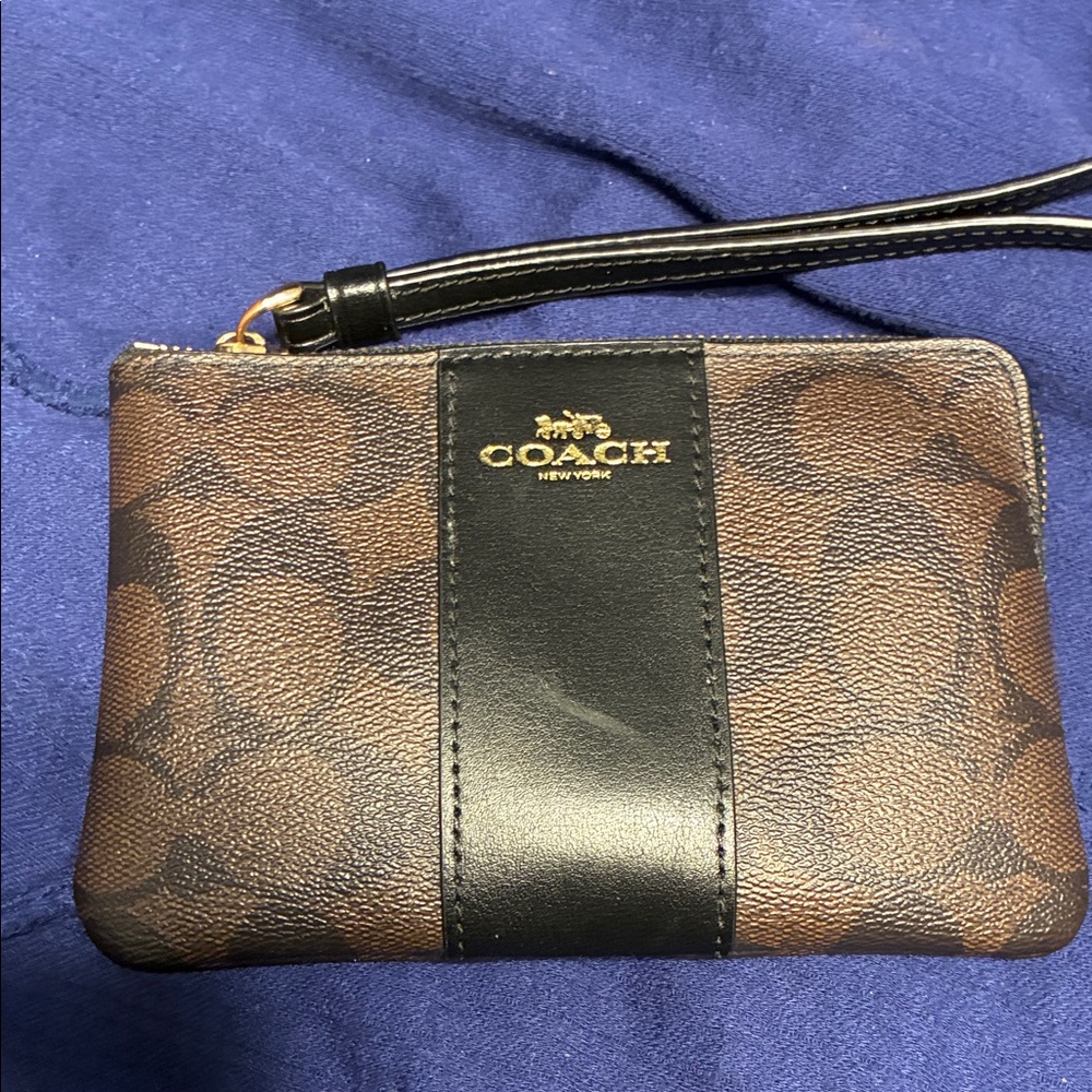 Coach Brown Signature Wristlet with Black Center Stripe